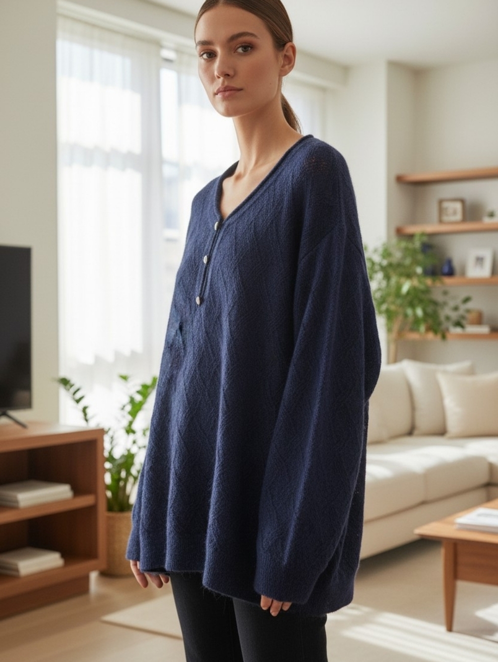 COOGI Australia Haute Couture Navy Oversized Pointelle Alpaca Wool Sweater M